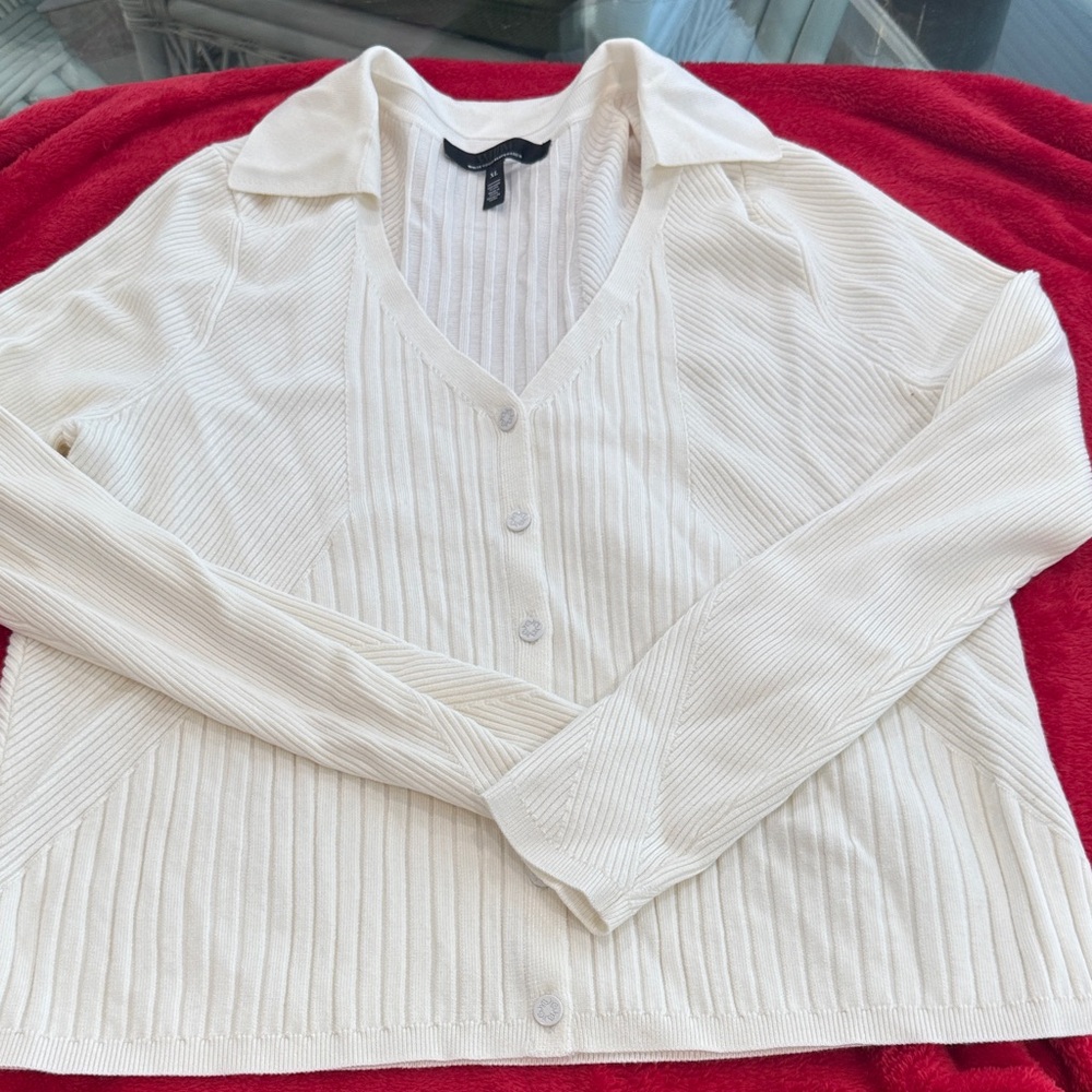 White House Black Market Cream Ribbed V-Neck Sweater Top